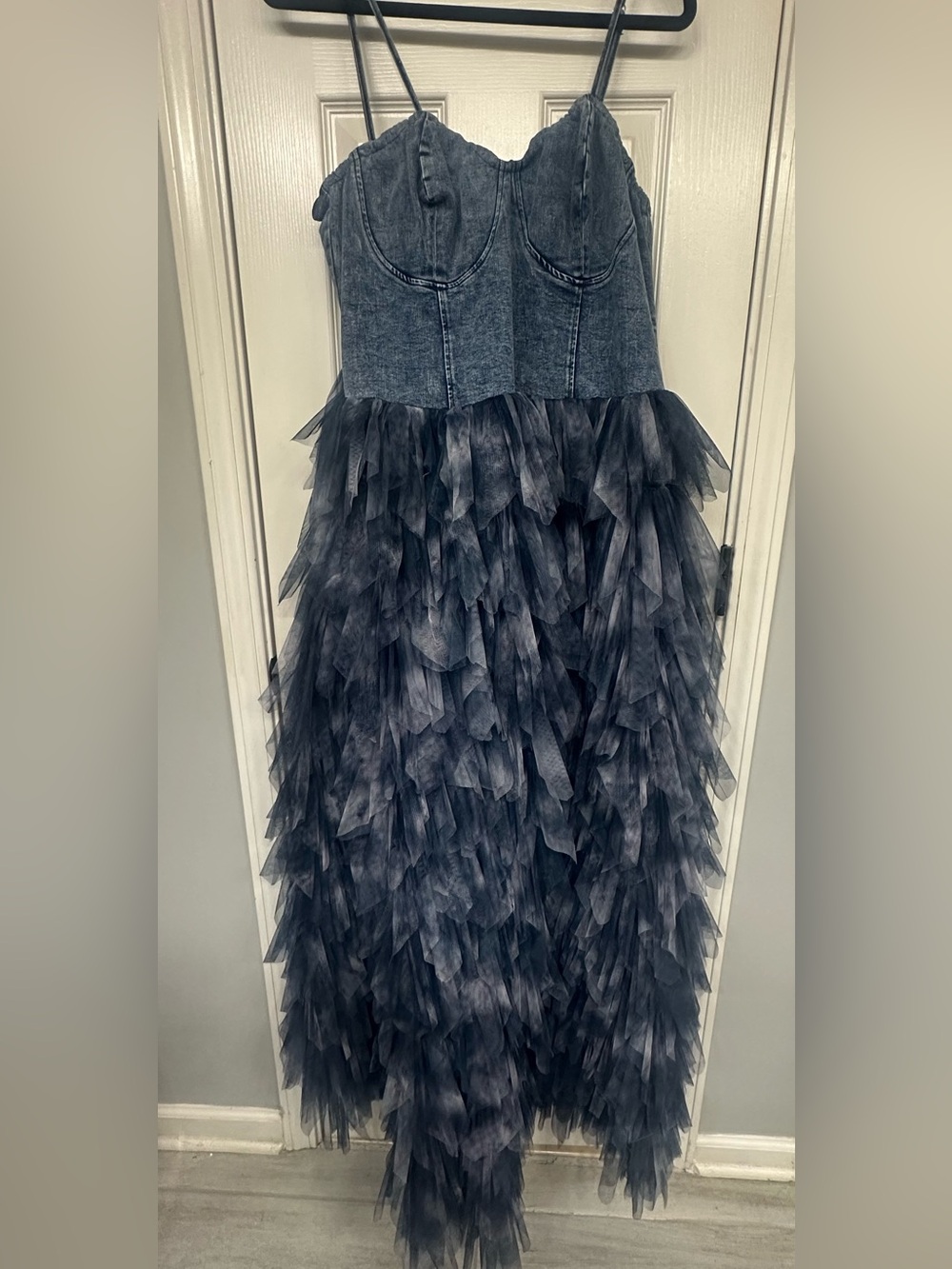 Fashion Nova Denim Ruffled Tulle Maxi Dress